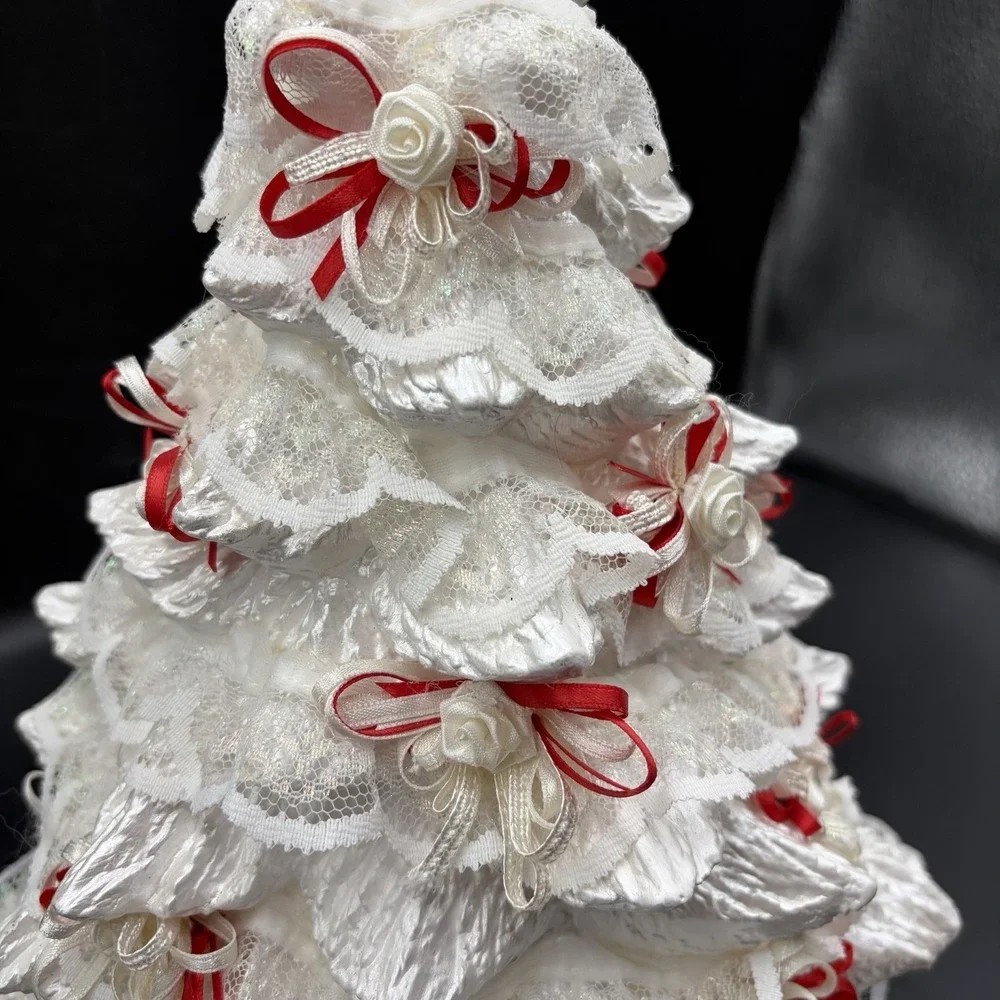 Vintage 80s White Ceramic Christmas tree with Red White Ribbon‎ Lace White Roses